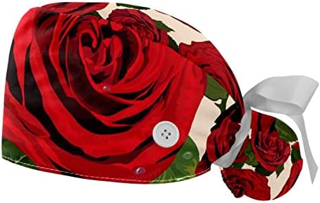 LORVIES Orvosi Sapkák a Nők Gombok Hosszú Haj, 2 Darab Állítható Dolgozó Kap, Virág, Vörös Rózsa Minta