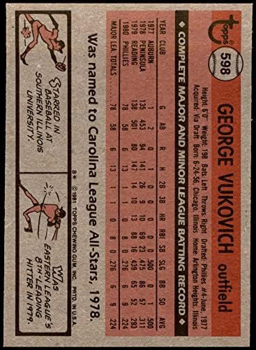 1981 Topps 598 George Vuckovich Philadelphia Phillies (Baseball Kártya) EX Phillies