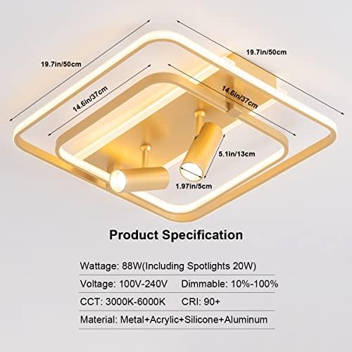 BEWAMF Modern Arany süllyeszthető Mennyezeti Lámpa 88W, Négyzet LED Közel Mennyezeti Lámpa Fokozatmentes Szabályozható