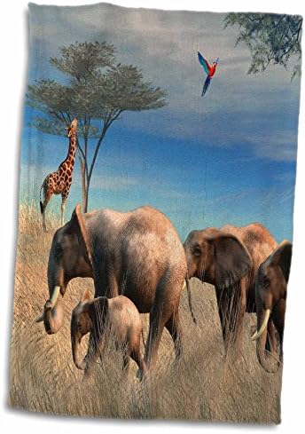 3dRose Egy Szafari Kirándulás a Elefánt, Zsiráf, valamint egy Papagáj. - Törülközők (twl-200924-3)