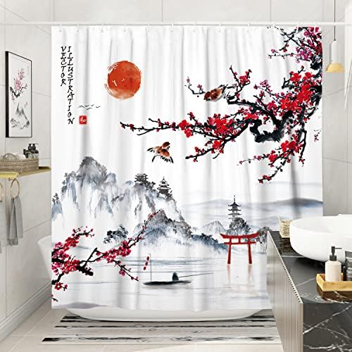 DESIHOM Japán zuhanyfüggöny Red Cherry Blossom Zuhanyzó Függöny hideg Zuhany Függöny Ázsiai Anime Zuhanyzó Függöny,