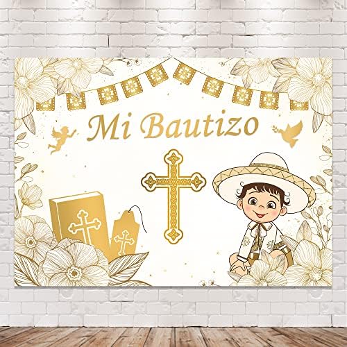 Riyidecor Mi Bautizo Isten Áldja Fiúk Keresztség Hátteret Első szentáldozás Keresztelő Mexikói 7Wx5H Poliészter Szövet,