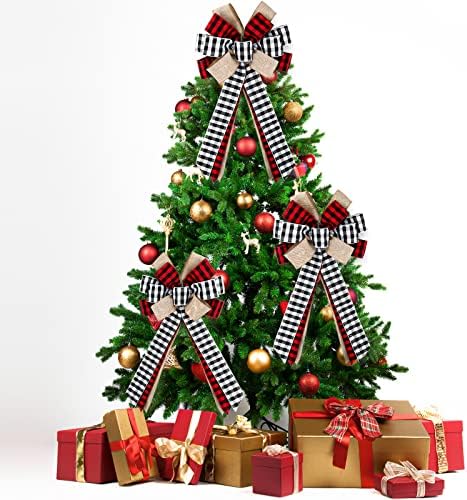 Whaline 3Pcs Karácsonyi Íj csúcsdíszt Buffalo Kockás Karácsony Nagy Íj, Piros, Fekete, Fehér, Kézzel készített Dekoratív