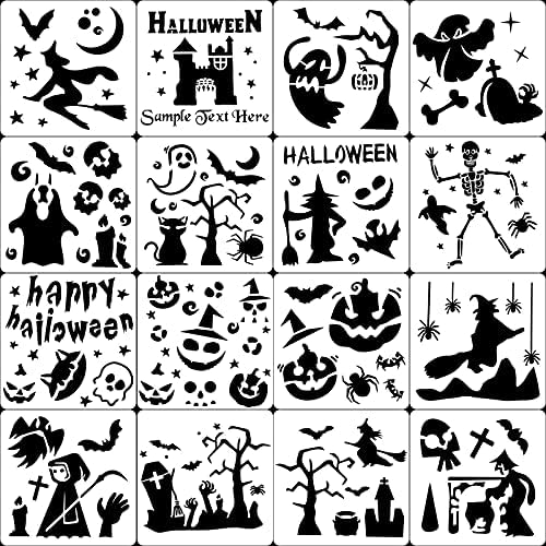 16 Db 5.1 Halloween Stencil Sablon DIY Mesterségek, Művészetek Rajz, Festmény, Permetezés Stencil Műanyag Csontváz Tök